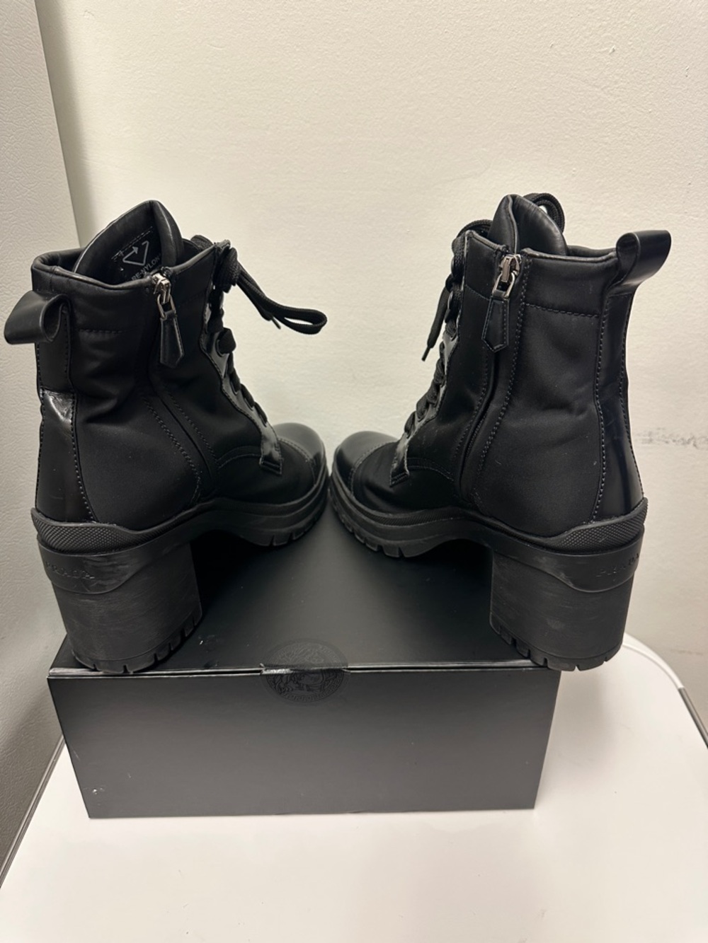 Prada Re-Nylon & Leather Booties Black Lace-Up Platform Ankle Boots, Women (8.5) - Picture 12 of 16